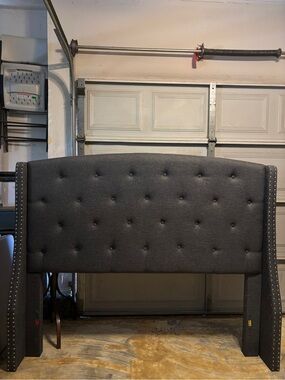 Queen Tufted Dark Gray Upholstered Headboard with Nailhead Trim